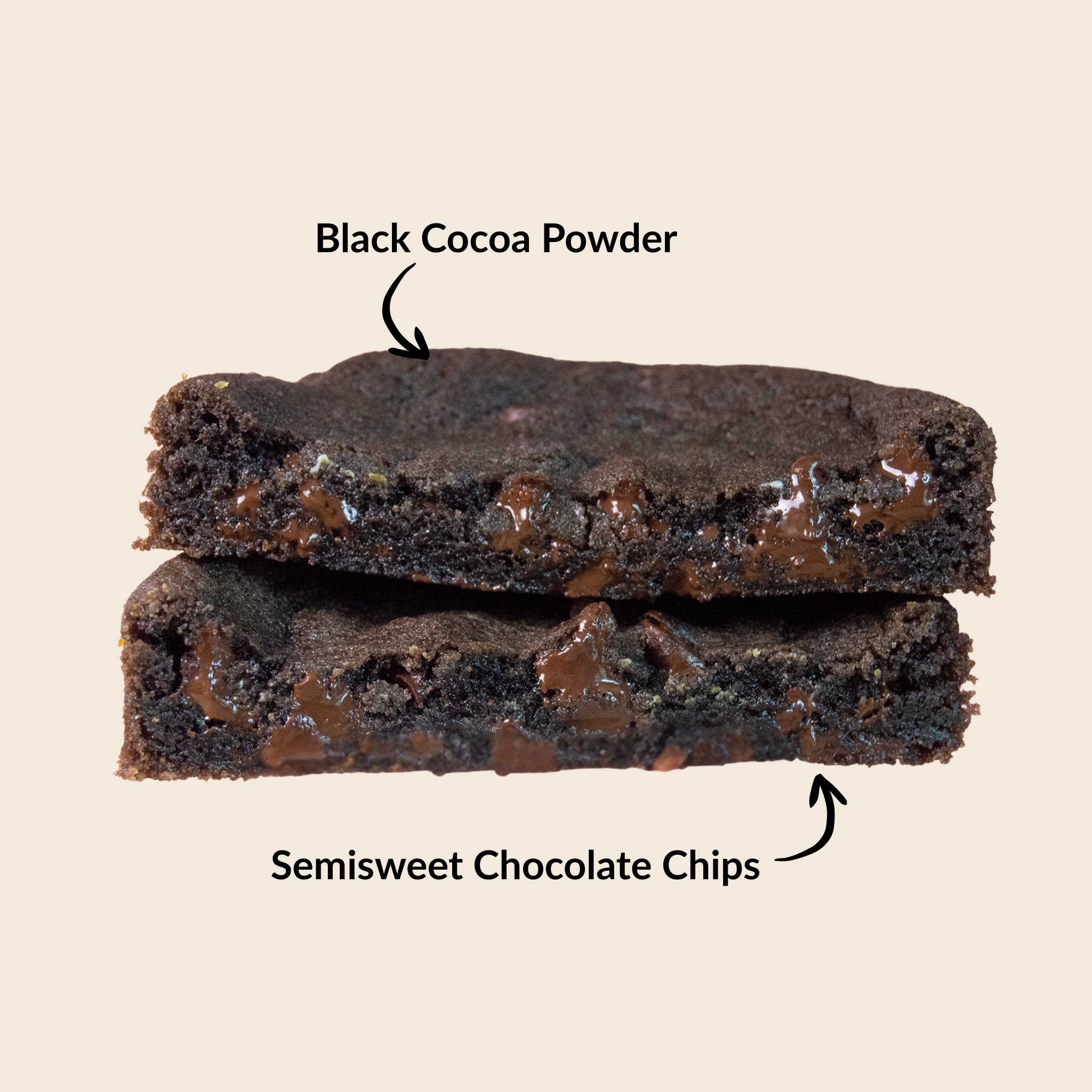 Double Chocolate Cookie with text indicating black cocoa powder and semisweet chocolate chips on a beige background